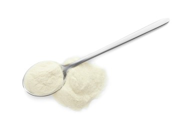 Photo of Spoon and pile of agar-agar powder on white background, top view