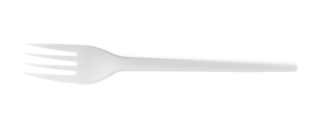 Photo of Disposable plastic fork isolated on white, top view