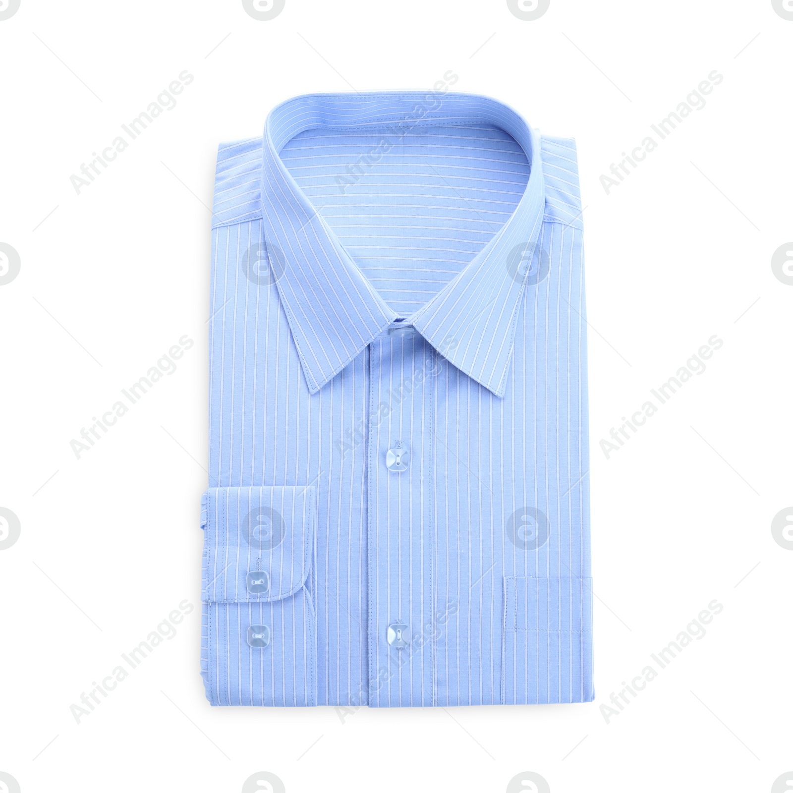 Photo of Stylish light blue shirt isolated on white, top view. Dry-cleaning service