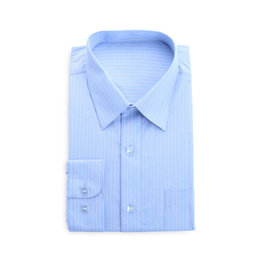 Stylish light blue shirt isolated on white, top view. Dry-cleaning service