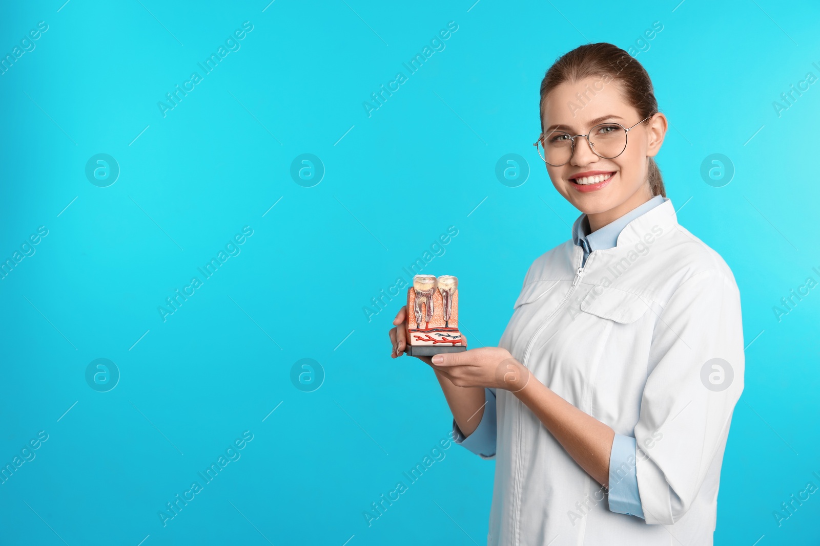 Photo of Female dentist holding teeth model on color background. Space for text