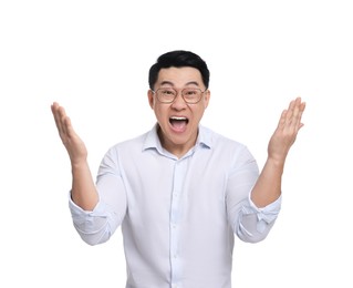 Photo of Emotional businessman in formal clothes posing on white background