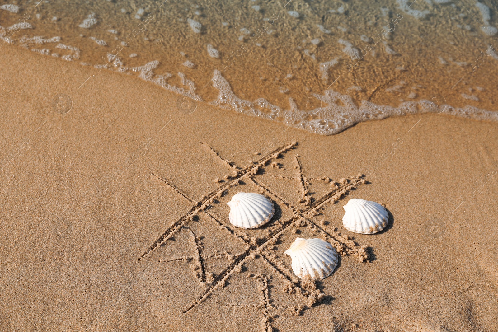 Photo of Playing Tic tac toe game with shells on sand near sea, above view. Space for text