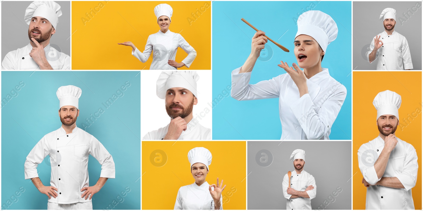 Image of Chefs in uniforms on different color backgrounds, collage design