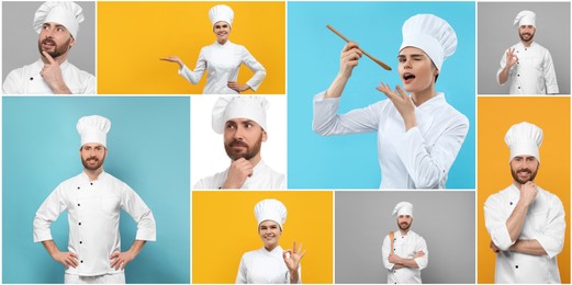 Chefs in uniforms on different color backgrounds, collage design