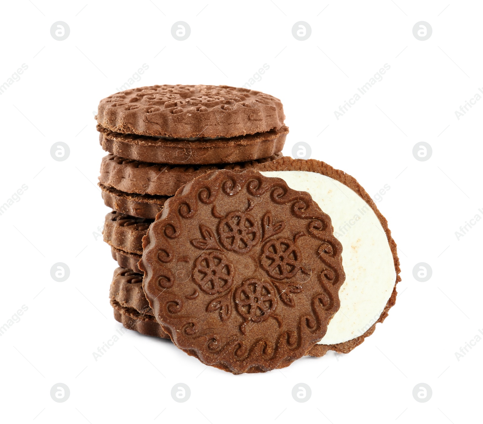 Photo of Tasty chocolate sandwich cookies with cream on white background