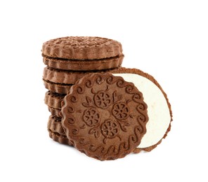 Photo of Tasty chocolate sandwich cookies with cream on white background