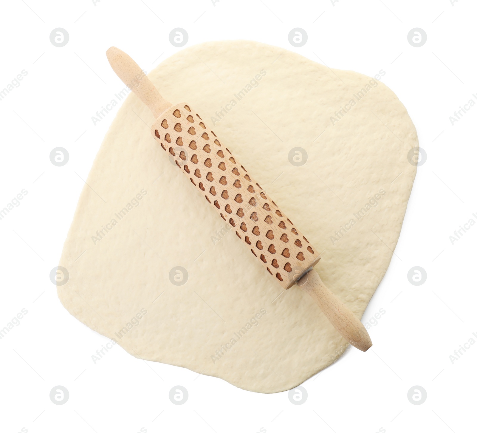 Photo of Raw dough and rolling pin isolated on white, top view