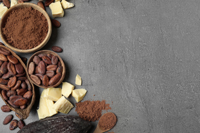 Photo of Flat lay composition with organic cocoa butter on grey table. Space for text