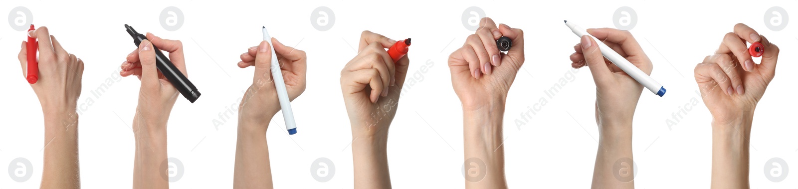 Image of Collage with photos of woman holding different markers on white background, closeup