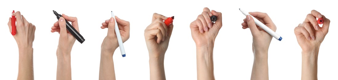 Collage with photos of woman holding different markers on white background, closeup