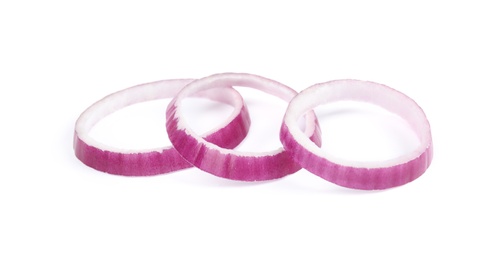 Sliced red onion rings on white background