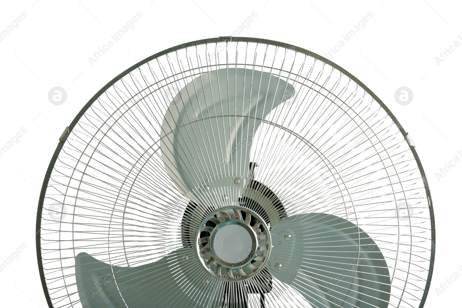 Photo of Electric fan on white background, closeup. Summer heat