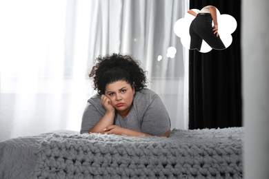 Sad overweight woman dreaming about slim body at home