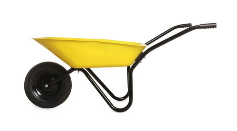 Yellow wheelbarrow isolated on white. Gardening tool