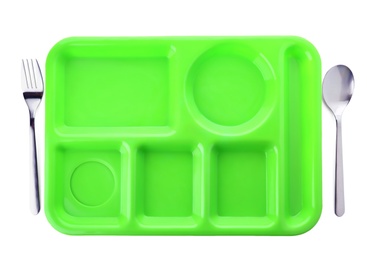 Photo of Empty plastic tray on white background, top view. School lunch