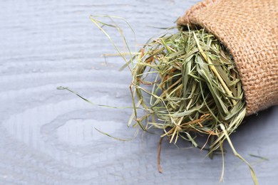 Photo of Burlap sack with dried hay on grey wooden table, top view. Space for text