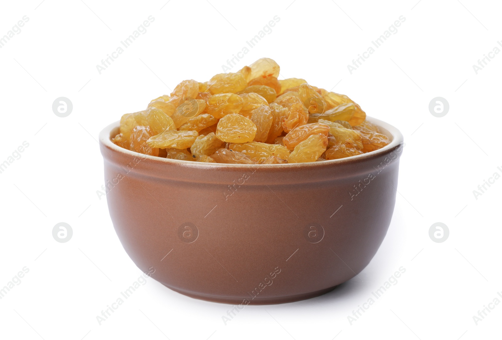 Photo of Bowl with dried golden raisins isolated on white. Healthy nutrition with fruits