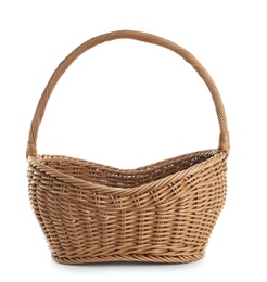 Photo of Empty wicker picnic basket on white background