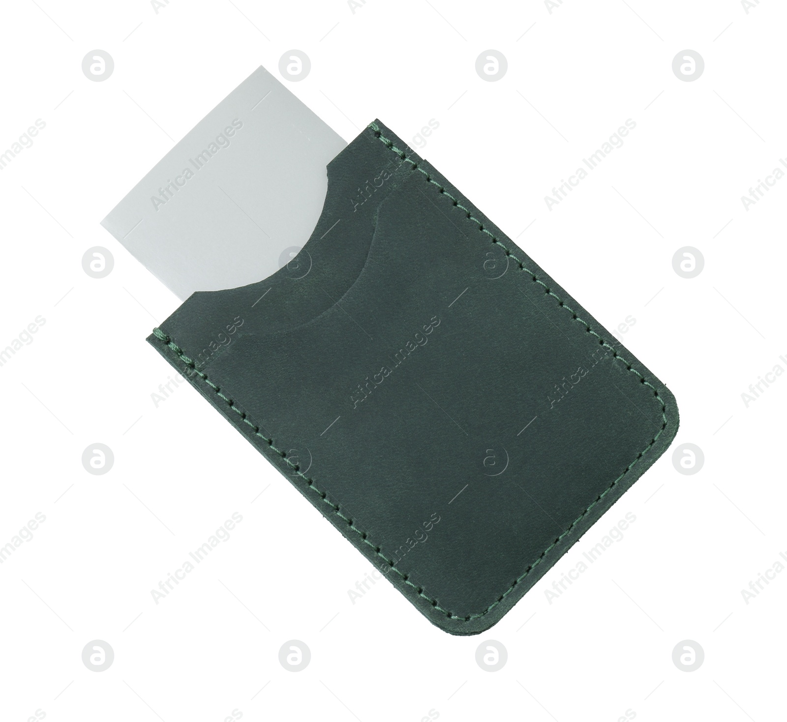 Photo of Leather business card holder with card isolated on white, top view