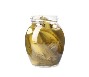 Photo of Jar with pickled cucumbers on white background