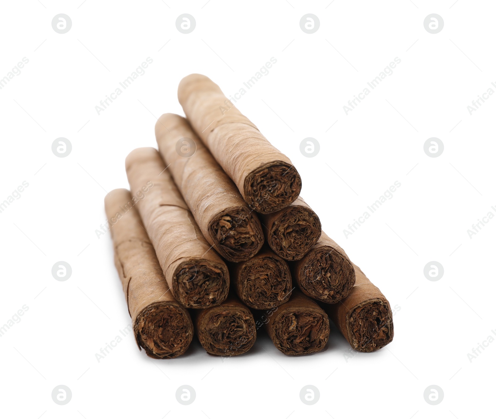 Photo of Cigars wrapped in tobacco leaves on white background