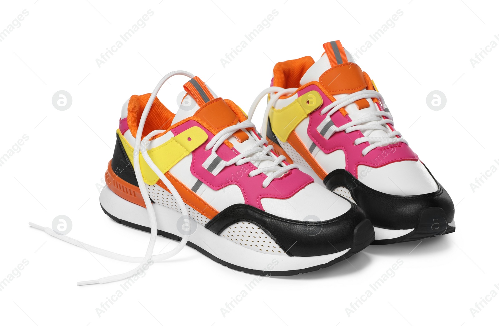 Photo of Pair of stylish colorful sneakers isolated on white