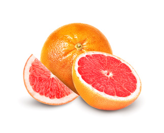 Image of Whole and cut grapefruits on white background