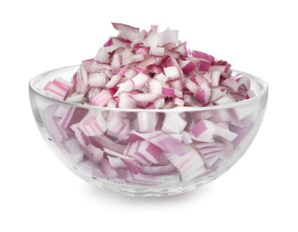 Photo of Chopped red onion in glass bowl isolated on white