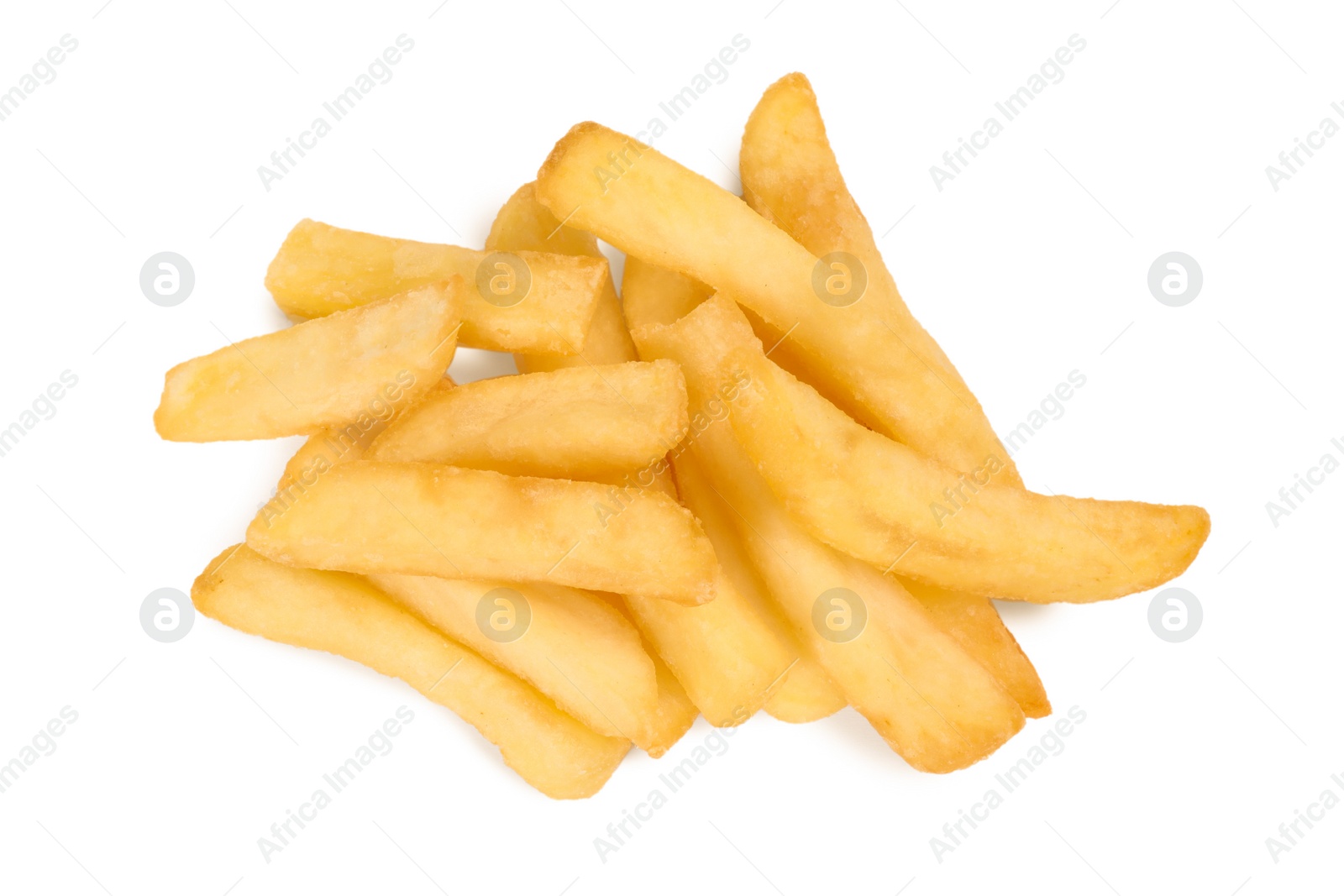 Photo of Delicious fresh french fries on white background, top view