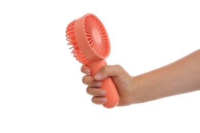 Photo of Little boy with portable fan on white background, closeup. Summer heat