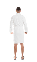 Photo of Man wearing bathrobe on white background, back view