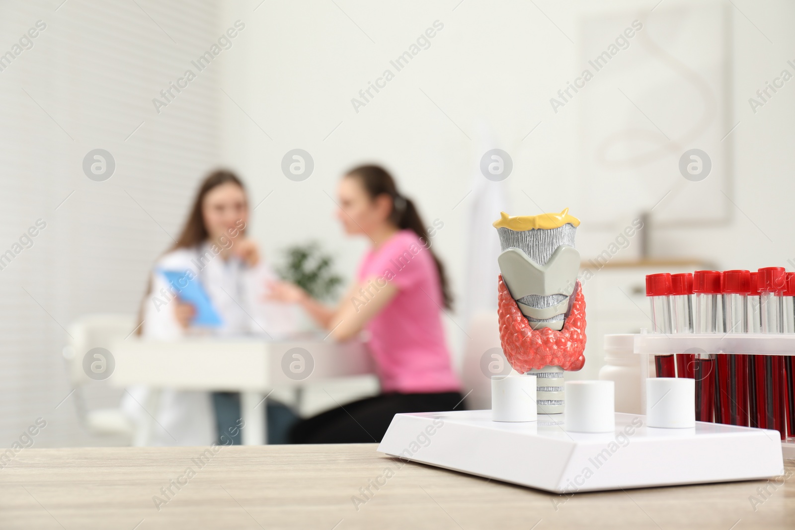 Photo of Endocrinologist examining patient at clinic, focus on model of thyroid gland and blood samples in test tubes