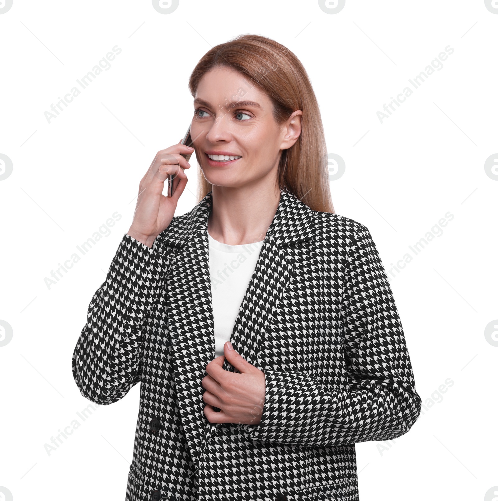 Photo of Beautiful happy businesswoman talking on smartphone against white background