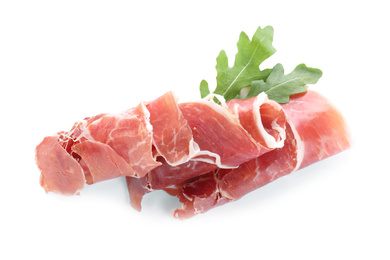 Photo of Tasty prosciutto on white background, top view