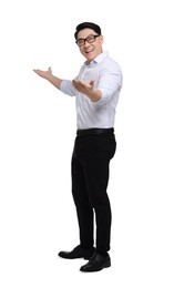Photo of Businessman in formal clothes posing on white background
