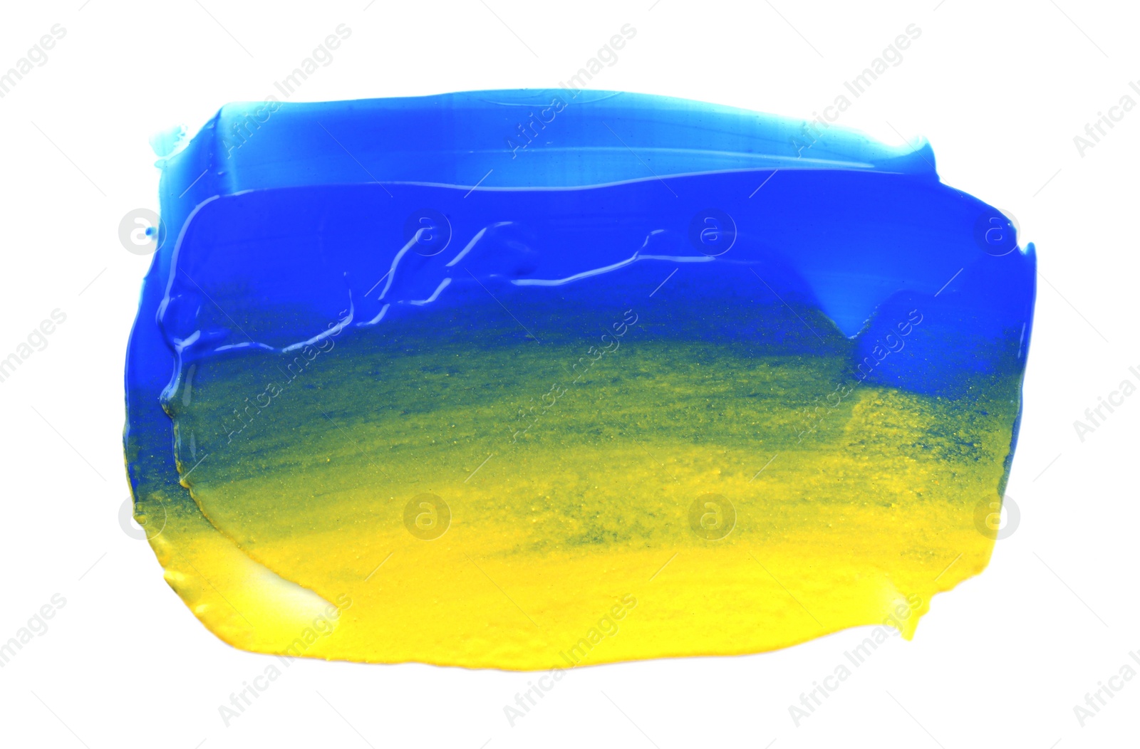 Photo of Blue and yellow paint samples on white background, top view