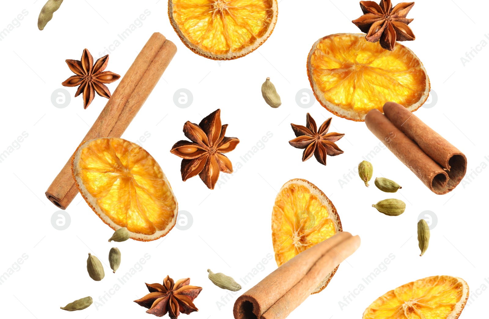 Image of Slices of dried orange, aromatic anise stars, cinnamon and cardamom falling on white background