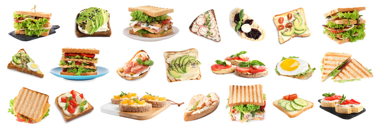 Image of Set of toasted bread with different toppings on white background, banner design 