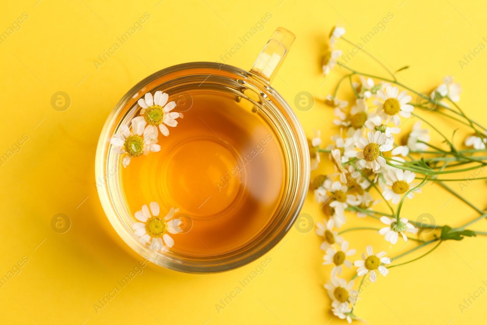 Photo of Cup of tea and chamomile flowers on yellow background, flat lay