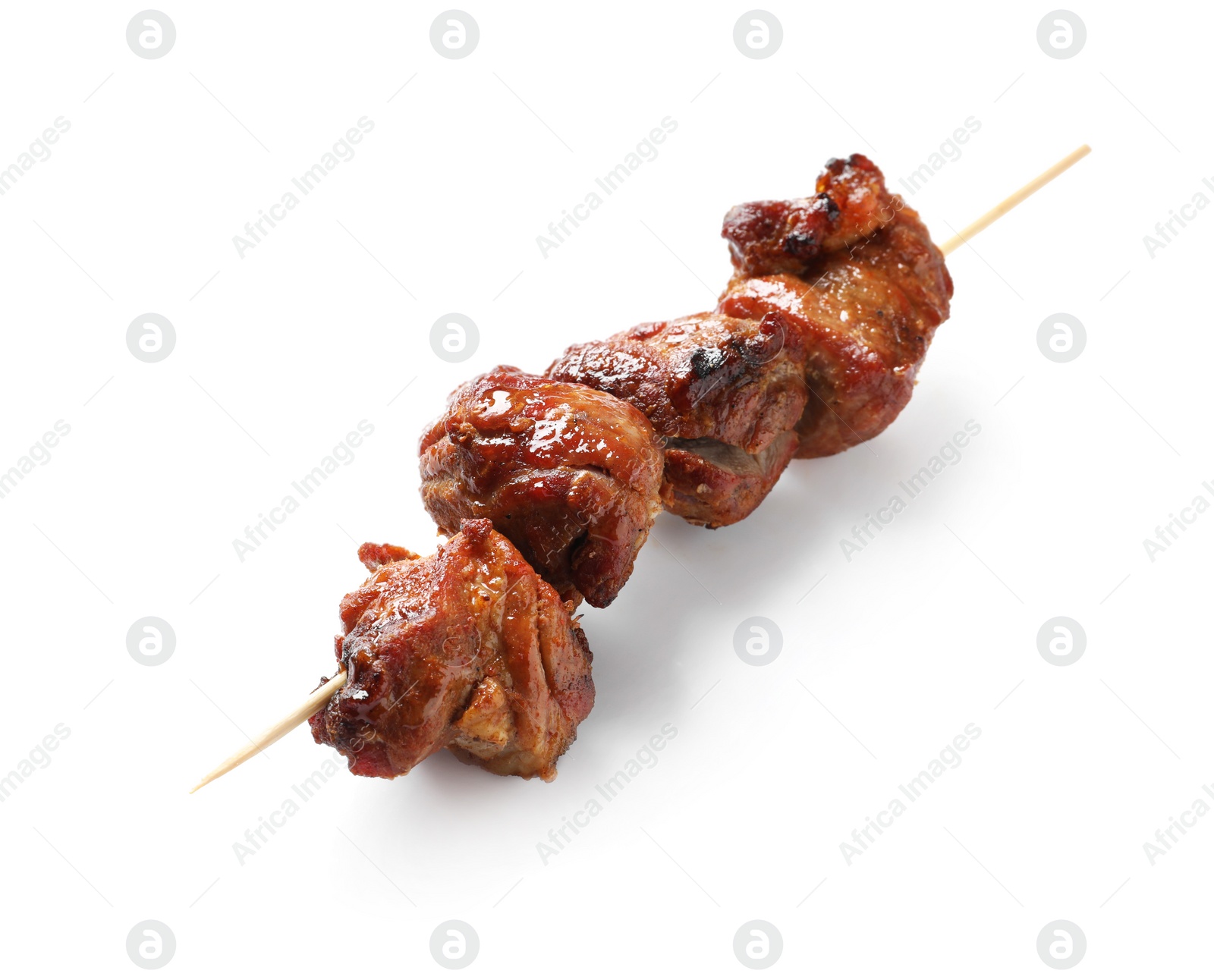 Photo of Skewer with delicious barbecued meat on white background