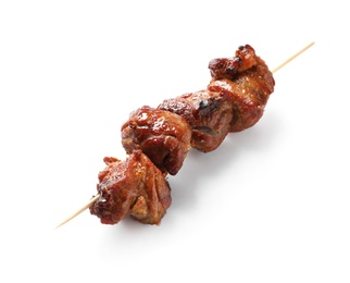 Photo of Skewer with delicious barbecued meat on white background