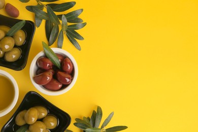 Bowl of oil, olives and tree twigs on yellow background, flat lay. Space for text