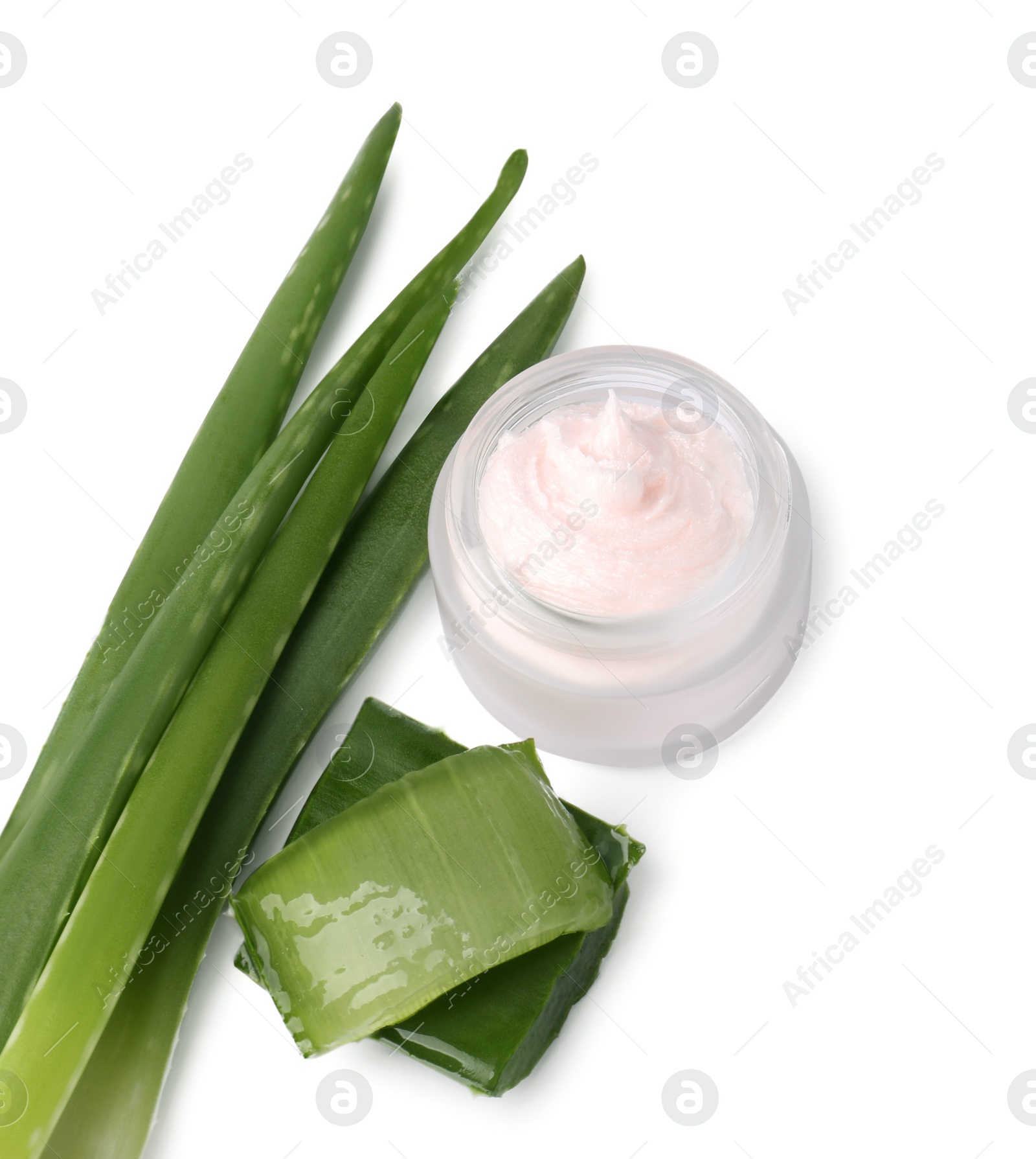 Photo of Jar of natural cream and fresh aloe isolated on white, above view