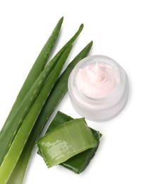 Jar of natural cream and fresh aloe isolated on white, above view