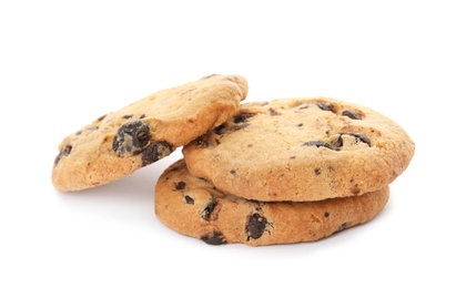 Photo of Tasty chocolate chip cookies on white background