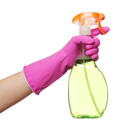 Woman holding spray bottle with detergent on white background, closeup