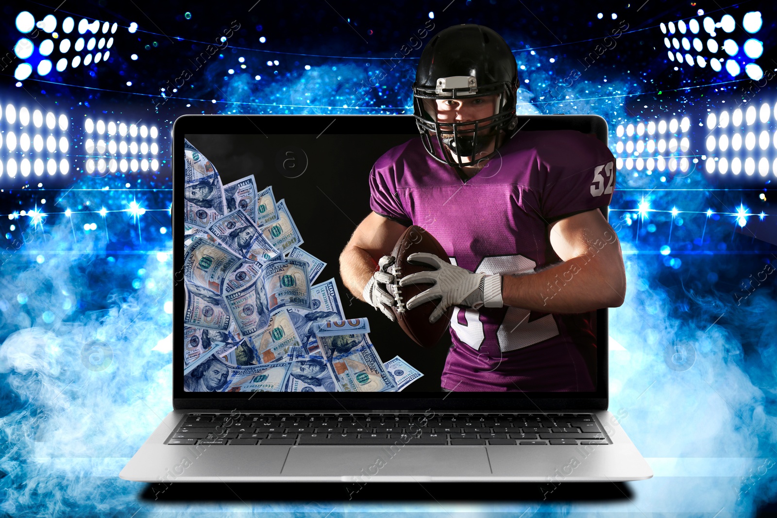Image of Sports betting. American football player with ball appearing from laptop under stadium lights. Money on device screen