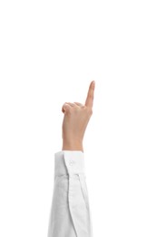 Woman pointing with index finger on white background, closeup. Responsibility concept