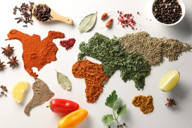 World map of different spices and products on white textured table, flat lay